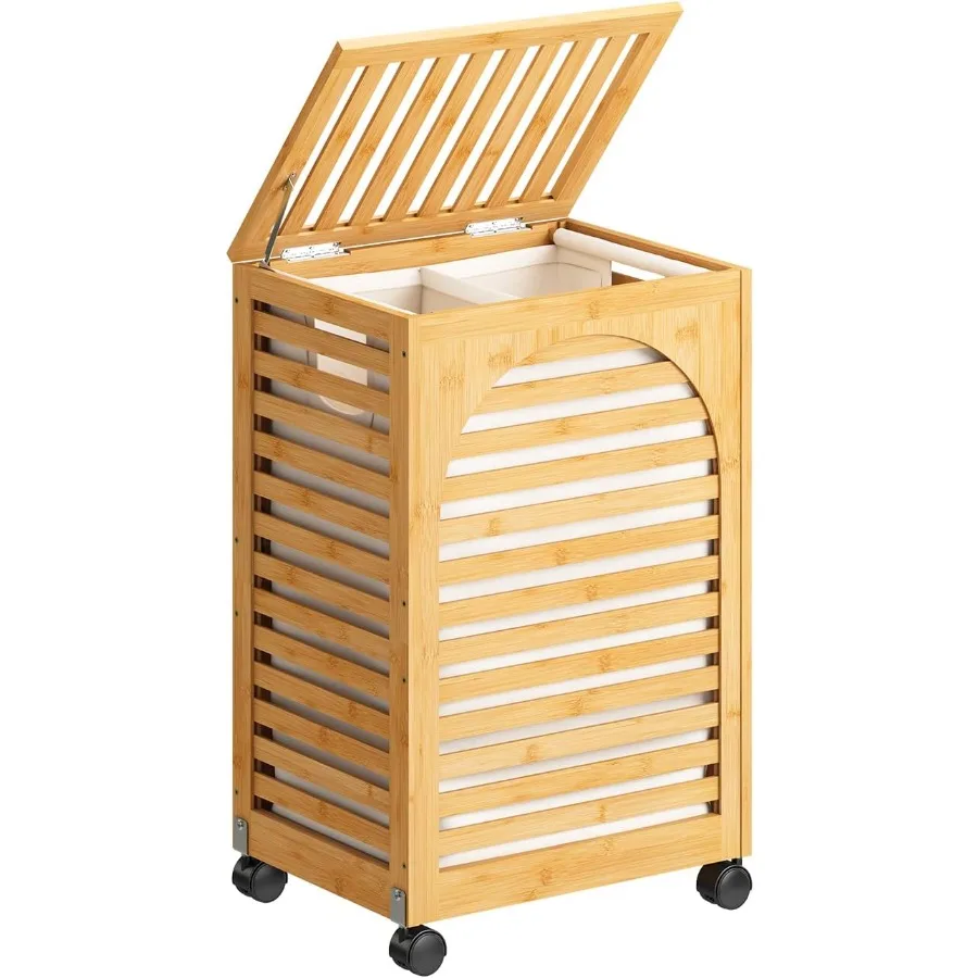 

Корзина для белья емкостью 22,5 галлона, 85 л, с колесами и крышкой для домашнего использования, дизайн из бамбукового дерева с двумя отдельными секциями, съемный вкладыш E