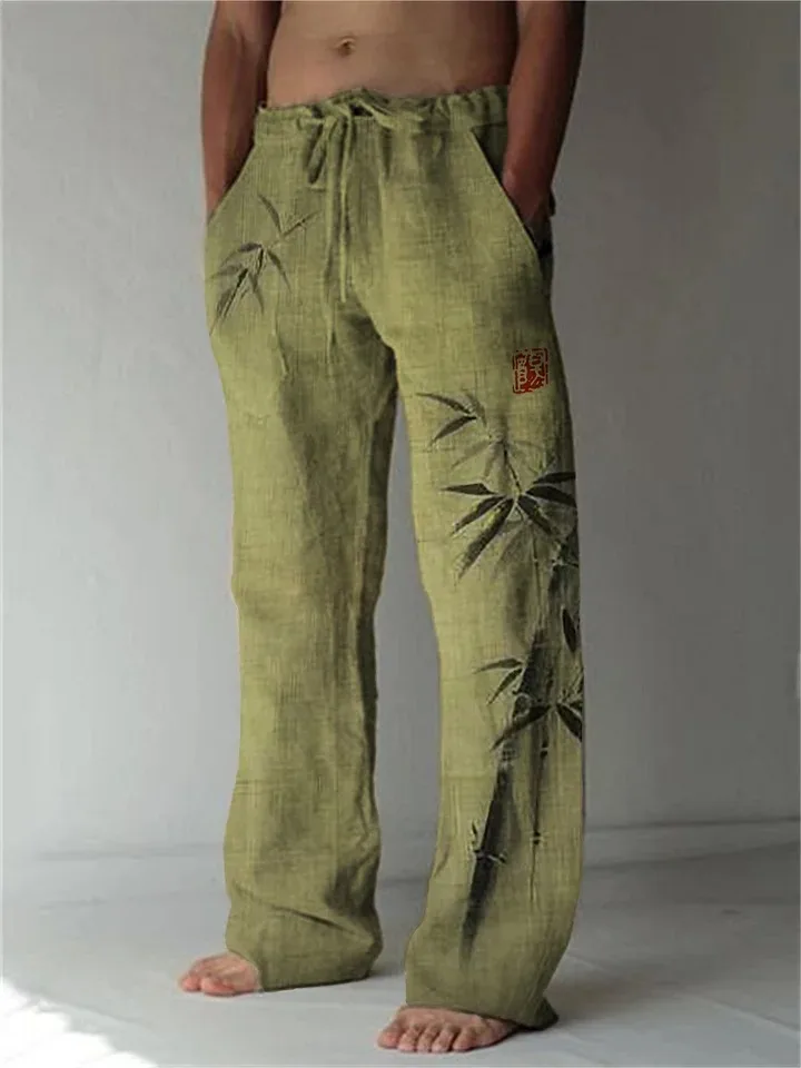 بسيطة الخيزران السراويل الرجال الخريف اليابانية الفن الكتان مزيج عارضة طويلة بنطلون مرونة الخصر عطلة الرجعية رجل الملابس قيعان #3