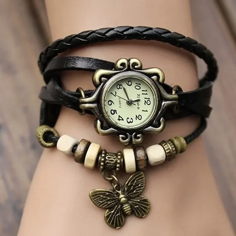 retro Leather Hand Woven Lady Watch Antique Copper Thin Strap Bracelet Pendant Exquisite Trendy Quartz Watch hand decor supplies
