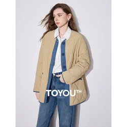 TOYOUTH Women Cotton Jacket 2024 Autumn Winter Denim Patchwork Single Breasted Button Round Neck Lightweight Warm Jacket Coat