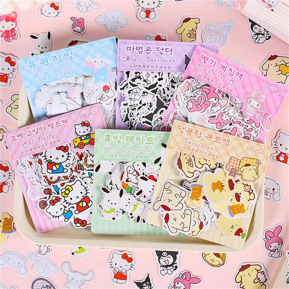 100 ชิ้น/ถุง Kawaii น่ารัก Sanrio สติกเกอร์อะนิเมะเด็ก DIY Hello Kitty Kuromi My Melody Creative ถ้วยคู่มือ Decor Decal ของขวัญ