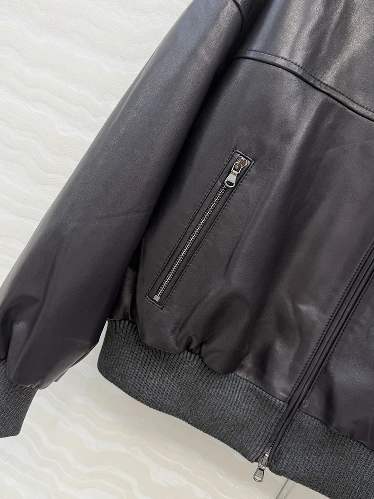 SVORYXIU Autunno Inverno Nuovo stile Retro Tasca con cerniera Colletto ribaltabile Giacca in pelle di montone Giacca in pelle nera moda donna