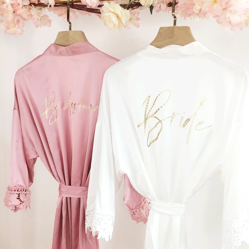 

Silky Gowns Bride Wedding Morning Robes Bridesmaids Kimono Hen Party Beautiful Lace Detail to Cuffs and Hem Bathrobe Gold Print