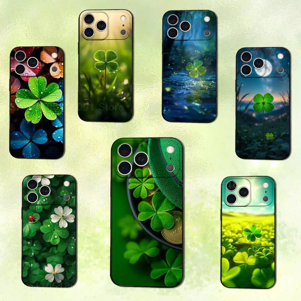 

Lucky Green Four Leaf Clover For iPhone 14,13,17,12,11,16,15,Plus,Pro Max,XS,X,XR,SE,Mini, Soft Silicone Black Cover Phone Case