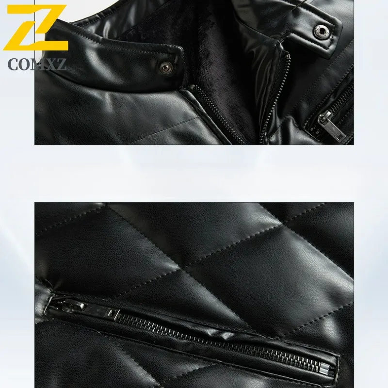 COMXZ Winter Man PU Leather Jacket Fashion Outdoor Camping Windproof Warm Coat Classic Stand Collar Coldproof Comfort Outerwear​