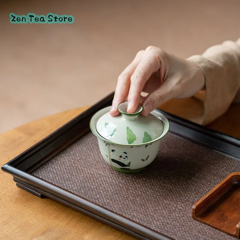 Wood Ash Pure Hand-painted Panda Two Tea Cover Bowl Single Kung Fu Tea Set Ceramic Chinese Style Is Not Hot