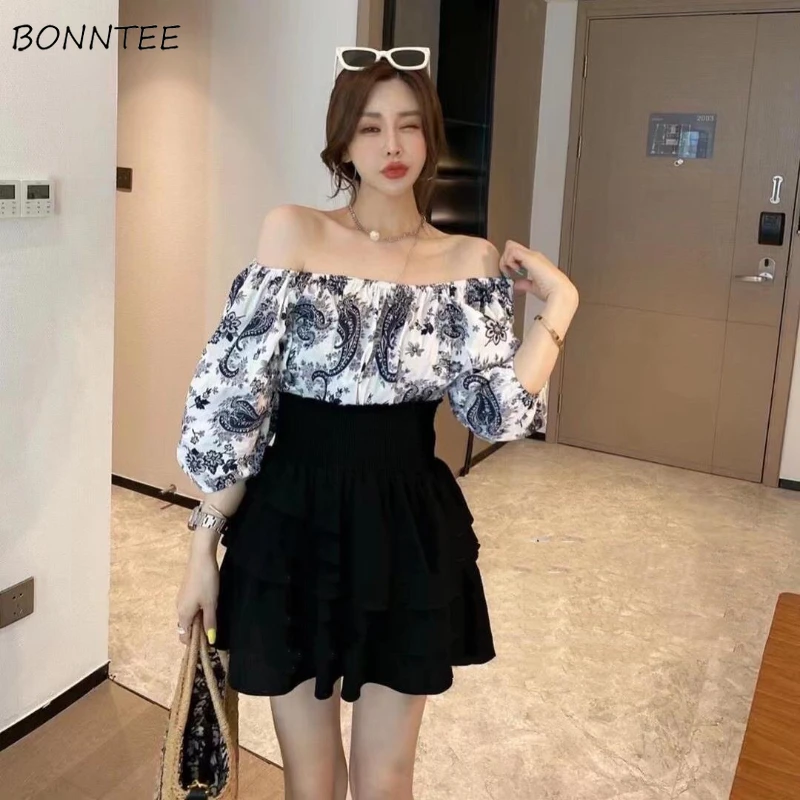 

Sets Women Blouses Slash Neck Tie Dye Sexy Elegant Skirts Ruffles Mini Female Summer Thin Fashion Leisure Ulzzang Retro Daily