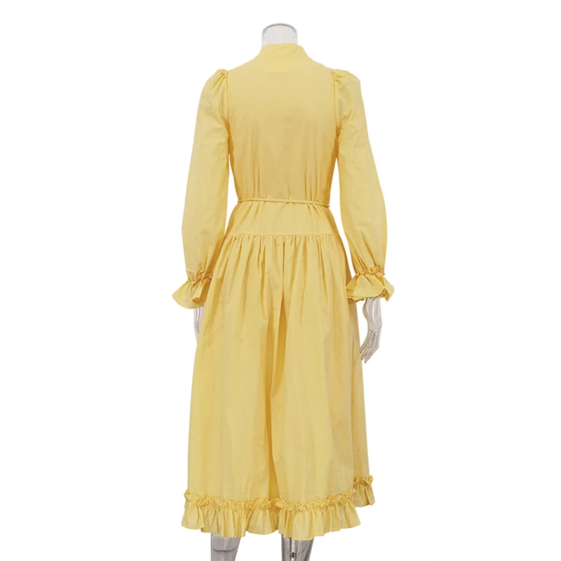 Fashion Cotton Linen Lace Up Dresses Spring Women Long Sleeve Single Breasted Dress Autumn High Waist Casual Knee Length Dress