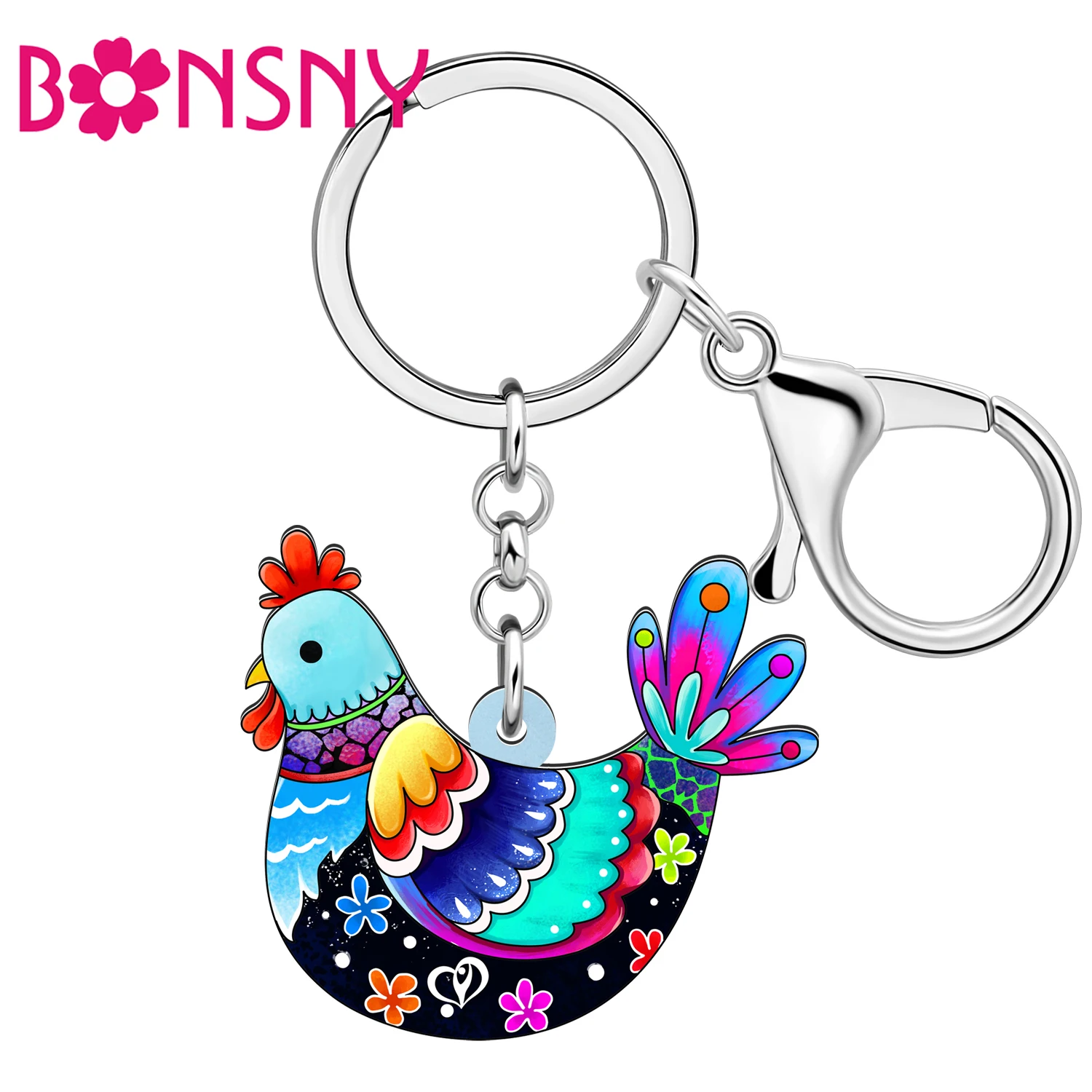 Bonsny Acrylic Floral Chicken Hen Key Chains Keychains Poultry Key Rings Backpack Charms For Women Girls Gifts Fashion Jewewlry