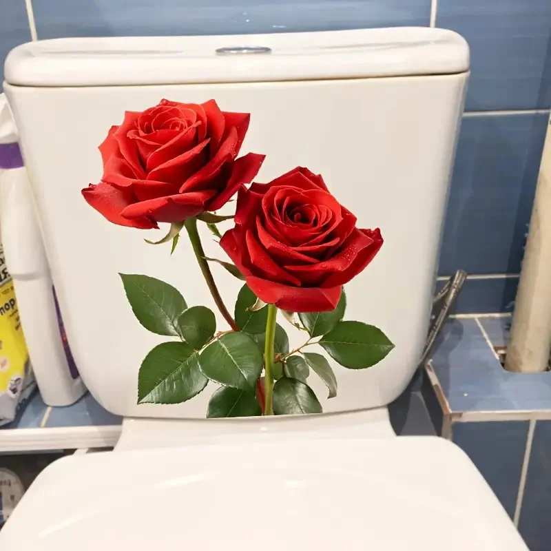 Romantic Red Rose Toilet Stickers, Bright Wall for Home, Cabinet, Door,Refrigerator  Decoration, Vinyl Car Decals, Art Wallpaper