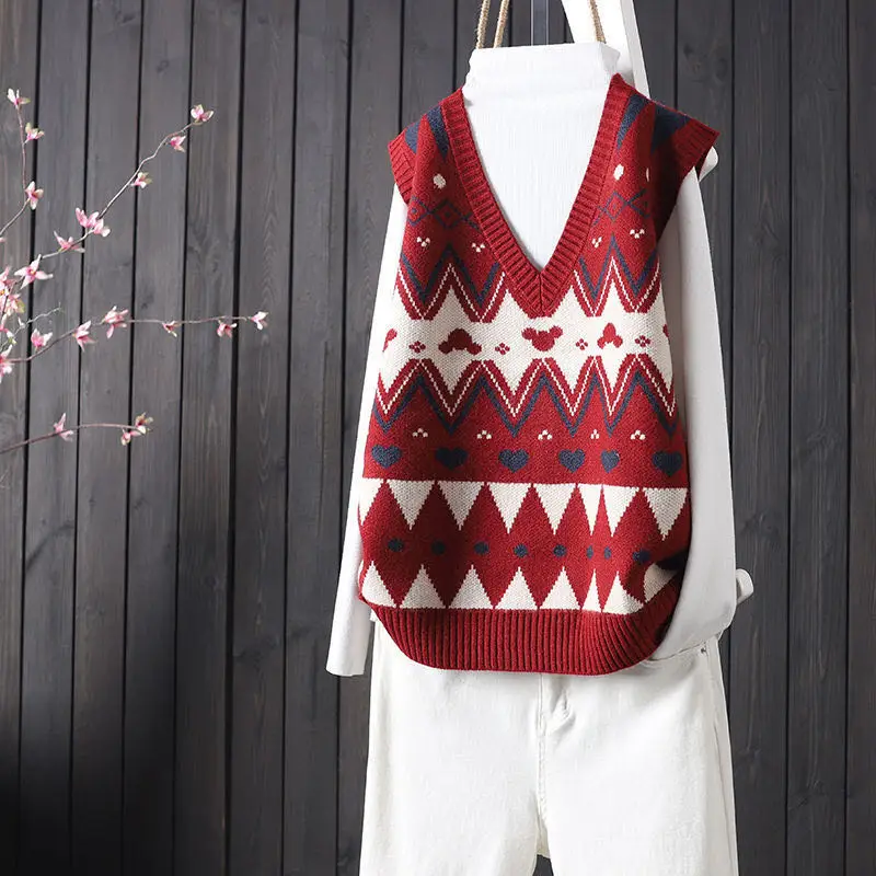 

Красный свитер-жилет с цветочной вышивкой и V-образным вырезом, женский, модный, для повседневной носки, стандартной длины, без пуговиц, с клетчатым узором, из других материалов.