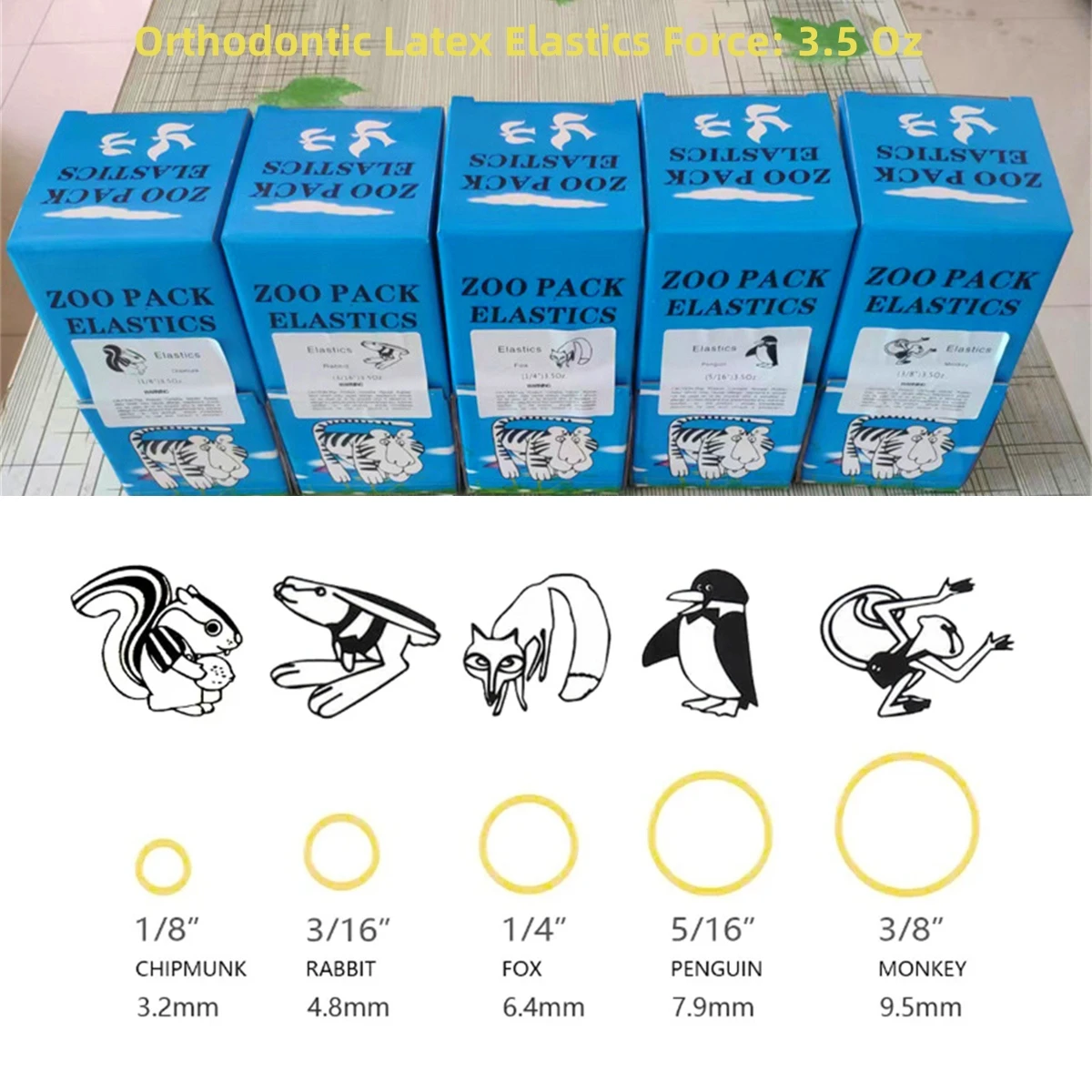 3.5Oz Animal Teeth Orthodontic Rubber Bands Chipmunk Rabbit Fox Penguin Monkey Teeth Ring Latex Braces Ligatures Tie 5000Pcs/Box