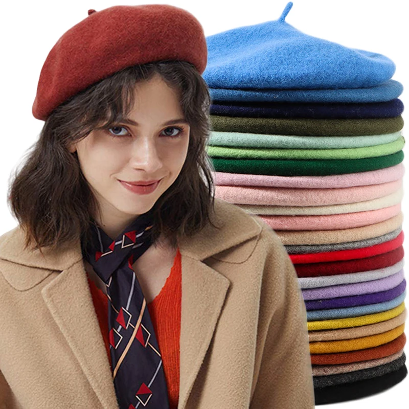 

Solid Color Elegant Lady Comfortable Caps Wool Berets French Artist Style Warm Winter Beanie Hat Women Girls Retro Plain Beret