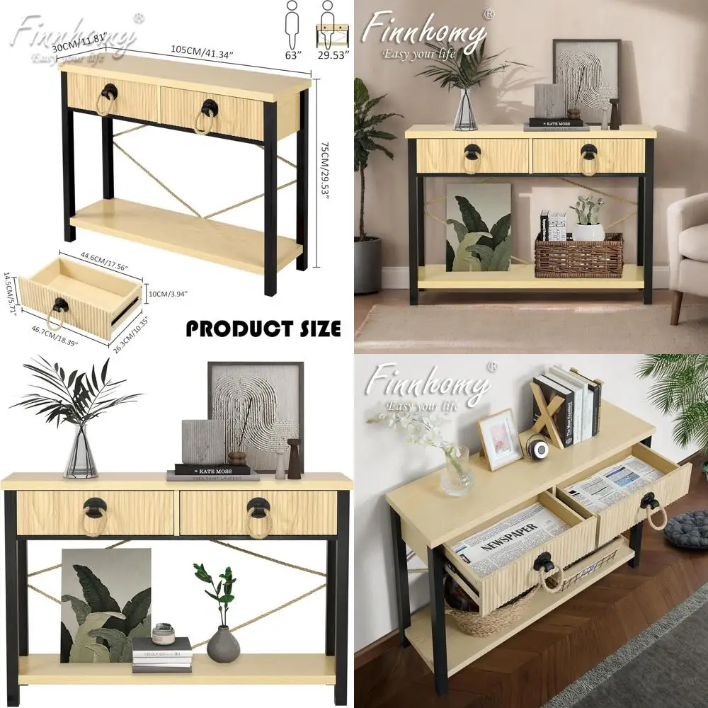 

Hallway Entry Table with Drawers, Shelf & Jute Accents - Natural and Black