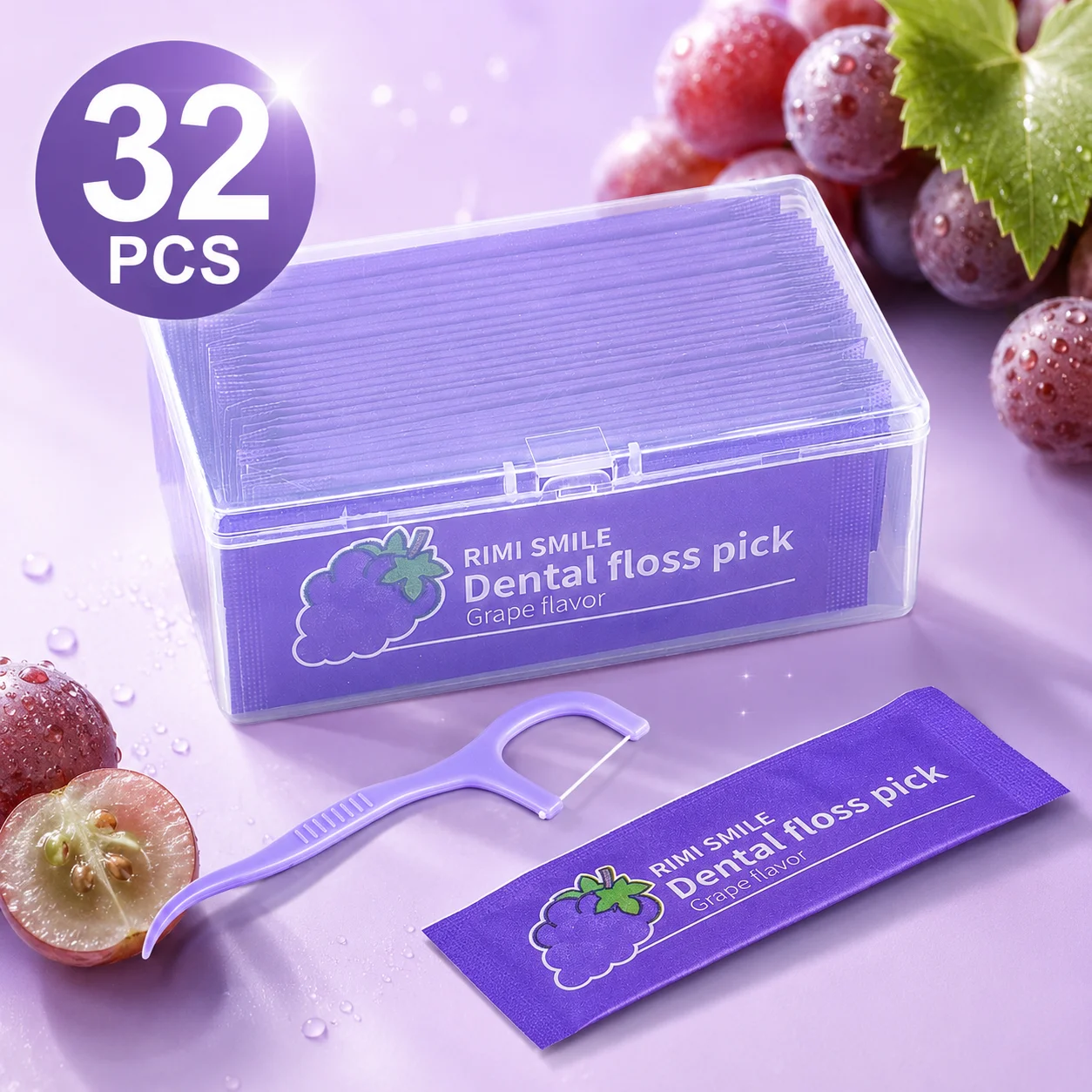 32 Counts Grape Flavored Dental Floss Picks Individually Wrapped Portable Box for Travel And Daily Oral Care
