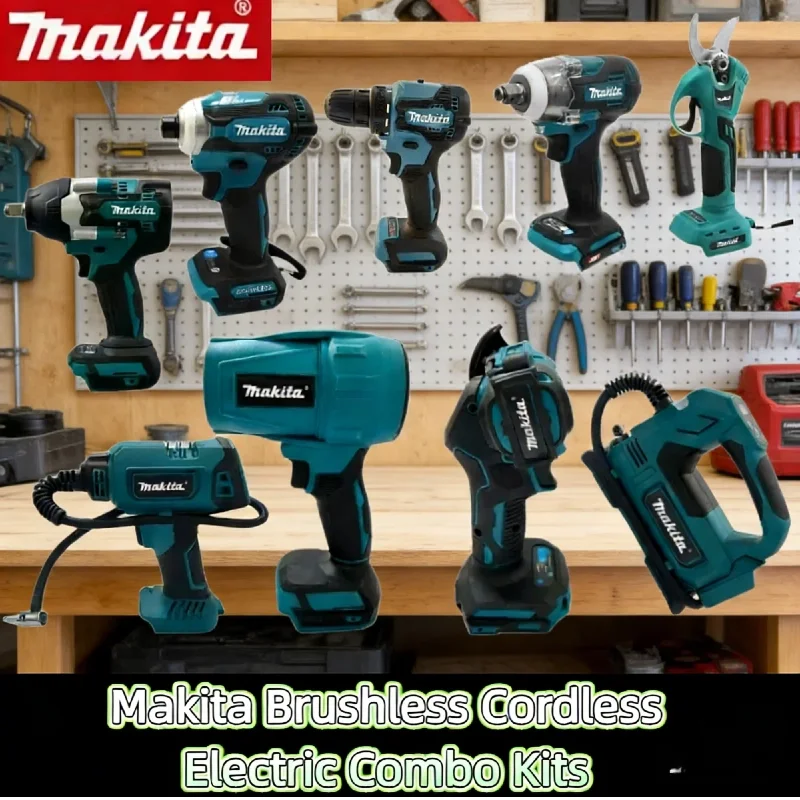 

Комбинированный набор электроинструментов Makita: бесщеточная ударная дрель-шуруповерт, угловая шлифовальная машина, электрическая циркулярная пила для аккумуляторных систем 18В.