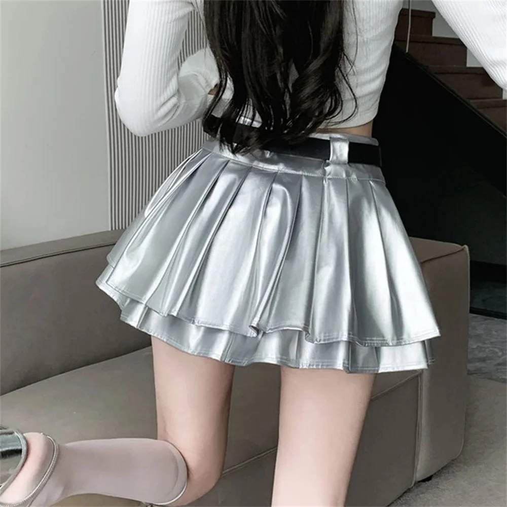 Women's A-line Silver Black Pleated Skirt Vintage 90s Aesthetic Y2k Mini Harajuku Punk Mini Skirt Summer 2000s Cutecore Clothes