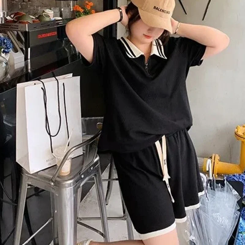 

Женские комплекты из 2 предметов M-4XL, повседневные футболки с отложным воротником в стиле Харадзюку, летние свободные футболки в корейском стиле, спортивные, модные, простые