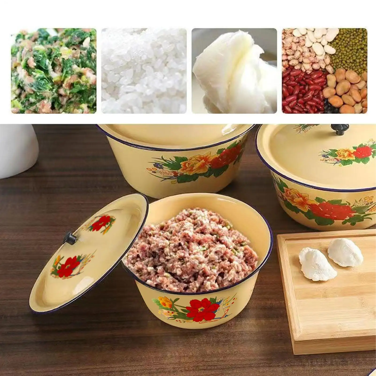 Cuenco esmaltado clásico Vintage, recipientes para mezclar pasteles con tapa, lavabo asiático para servir ensalada y sopa para arroz, fideos y verduras
