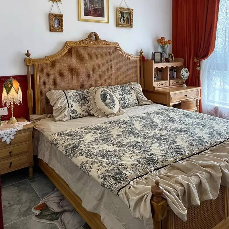 French retro rattan bed, bed and breakfast hotel solid wood 1.8 double bed