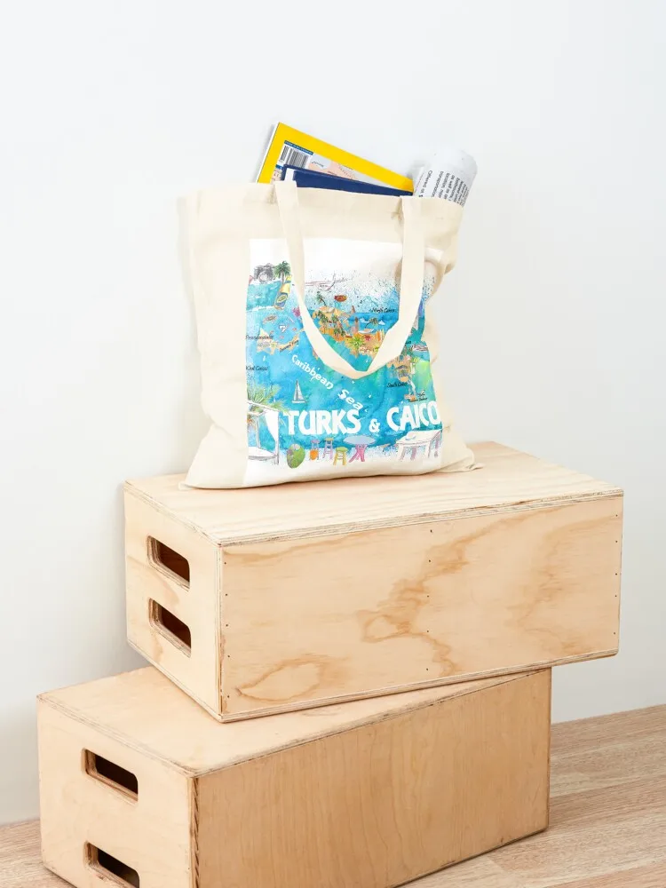 خريطة السفر المصورة من Turks & Caicos Antilles مع الطرق والسلط الضوء على حقيبة حمل لحقيبة قماش الشاطئ #4