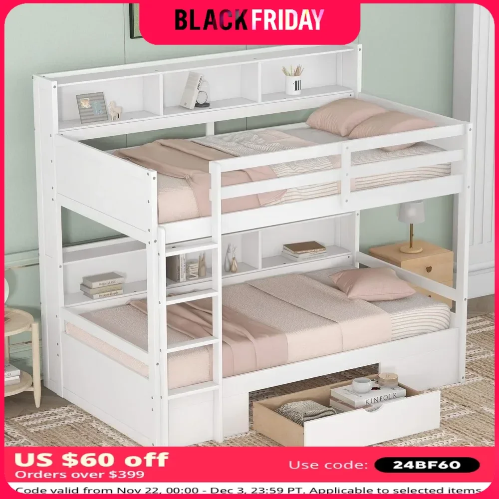 Bunk Bed, with Built-in Shelves Beside and Down Beds and Storage Drawer, with Guardrails and Ladder,Twin Size Wooden Bunk Bed