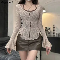 Flare Sleeve Cardigan Women Slim Fit Chic Lace Sweet Spicy Girls Korean Fashion Autumn Sexy All-match Stylish Ins Harajuku Mujer