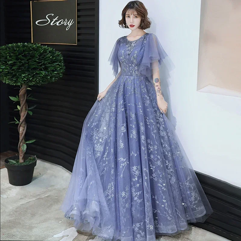 

Bling Evening Dresses Woman Blue O-neck Sequins Tulle Short Sleeves Pleat A-line Floor-length Plus size Formal Party Dress A105