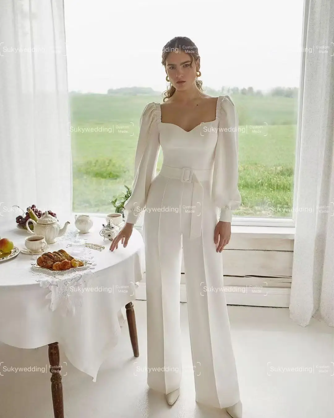 Elegant Wedding Jumpsuit dress with Long Sleeve Squre Neck Beach Bohemian Outdoor Bridal Dress Pant Suit vestidos Customized