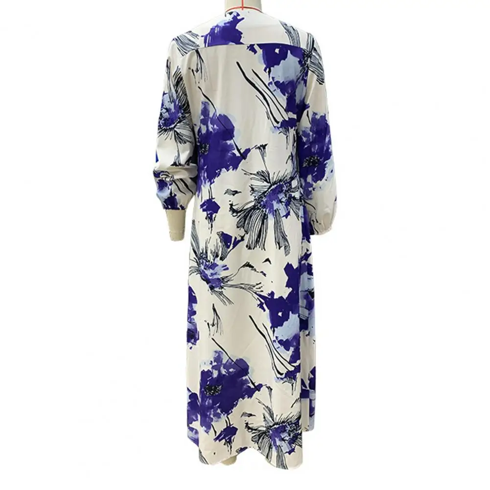 Women V-neck Printed Dress Stylish V Neck Midi Dress for Women Long Sleeve Loose Pullover with Contrast Color for Parties