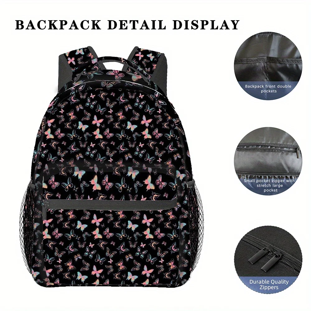 Shoulder Straps Vibrant Butterfly Floral Print on Black Perfect for Daily Outings Travel Travel Backpack Trendy Backpack