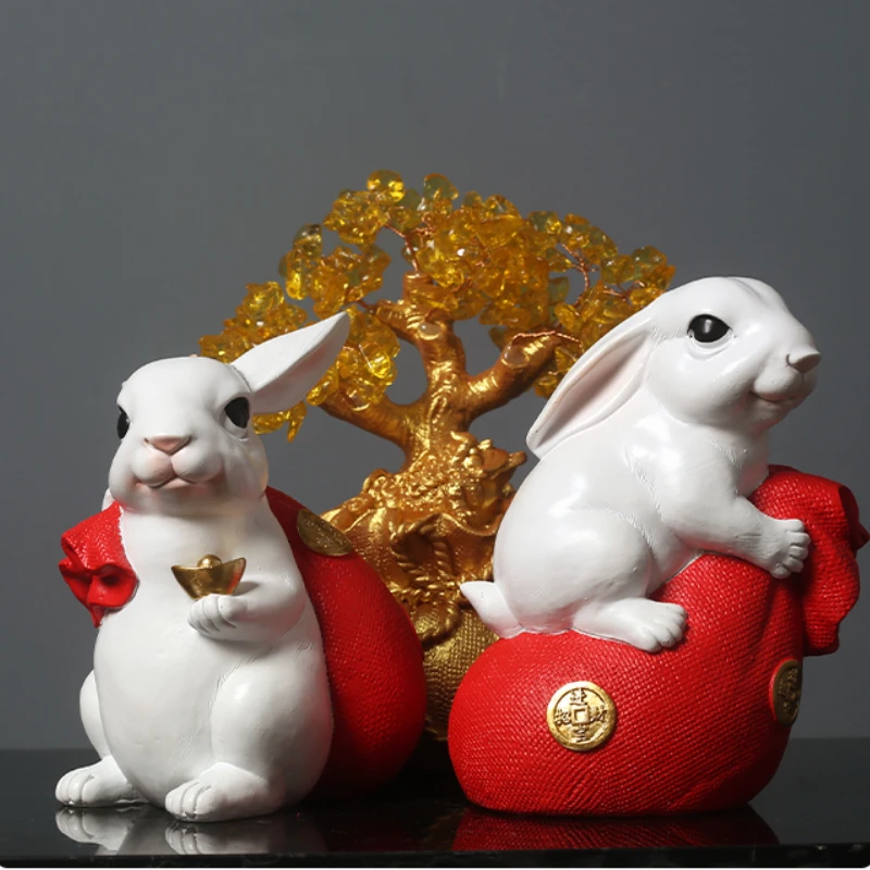 Year of Rabbit 2023 Fengshui Resin Ornaments Rabbit Miniatures Ornaments Home Living Room TV Cabinet Figurines Decoration Crafts