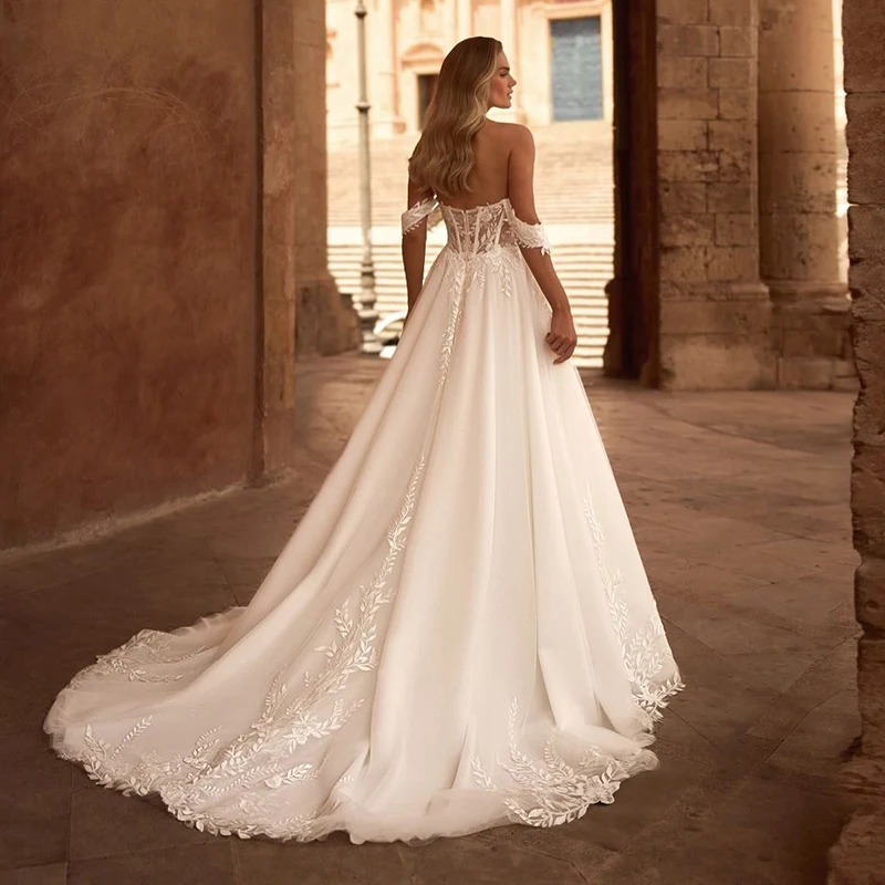 ชุดแต่งงานสไตล์โบฮีเมียนชายหาดแบบแปดแขนสำหรับผู้หญิง แขนกุด คอวี ทรงเอไลน์ ชุดเจ้าสาวสั่งตัดได้