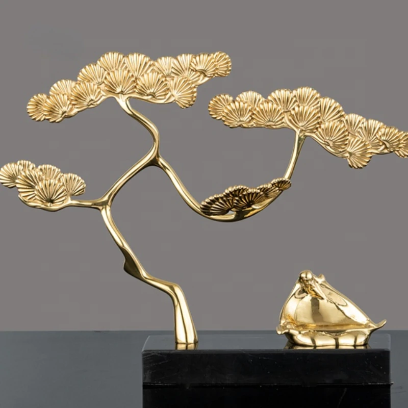 Luxury gold lucky pine metal sculpture desk ornament decorative antique imitation crafts metal crafts for gift