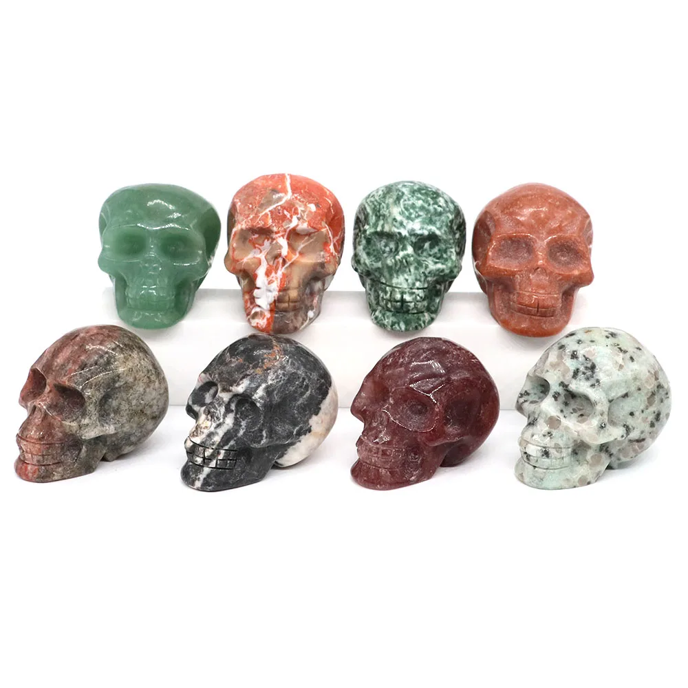 44mm Skull Head Statue Natural Stone Healing Crystal Reiki Carved Witchcraft Gemstone Figurine Crafts Home Decor Halloween Gifts