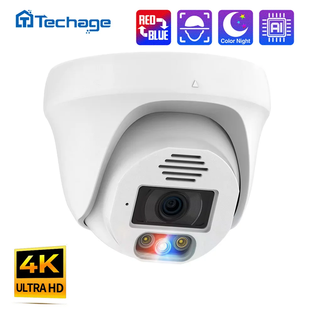 

Techage HD 4K 8MP 5MP 1-4Pcs POE IP Camera Red-Bule Light Alert Smart AI Face Detection Color Night Vision Security Camera