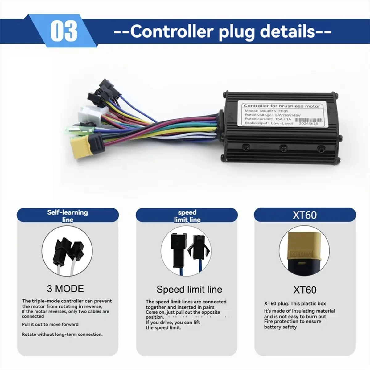 

(X07A) Контроллер для электровелосипеда, 3 режима, 24В/36В/48В, 15А, синусоидальный, 6 трубок, для двигателей 250-350Вт, запчасти для электросамокатов, контроллер для электровелосипеда