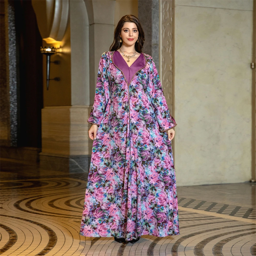 Sweet Satin Floral Print Long Dress for Women Chic Rhinestone Lapel Long Sleeve Muslim Abaya Moroccan Jalabiya Eid Ramadan