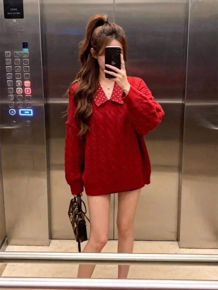 Korean Style Lazy Knitted Sweater Women's Loose  Collar Fashion Top Soft Warm Spring New Arrival Polka Dot Pattern