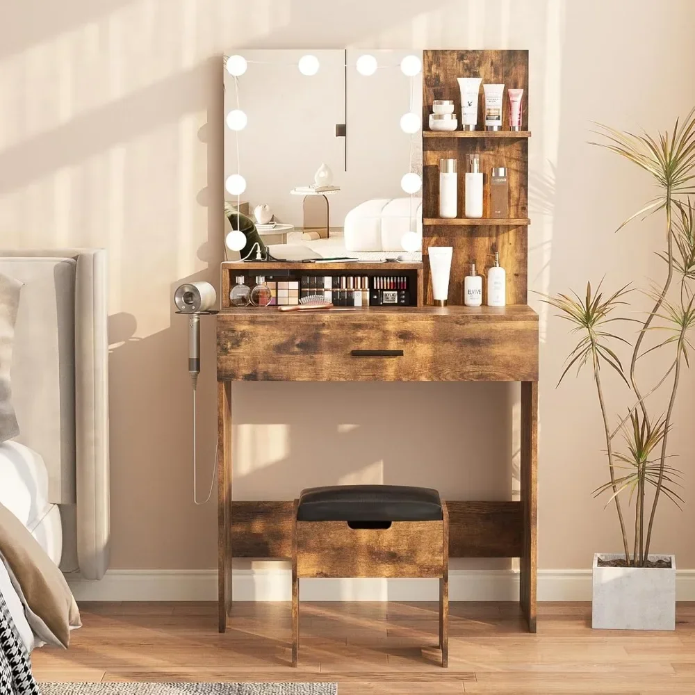 

Makeup Vanity Table with Lighted Mirror & Power Strip, Vanity Set with Hair Dryer Rack, Lots Storage, 3 Lighting Modes