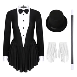 Women Halloween Party Magician Circus Ringmaster Cosplay Performance Costume Long Sleeve Tuxedo Dress with Magic Wand Hat Gloves