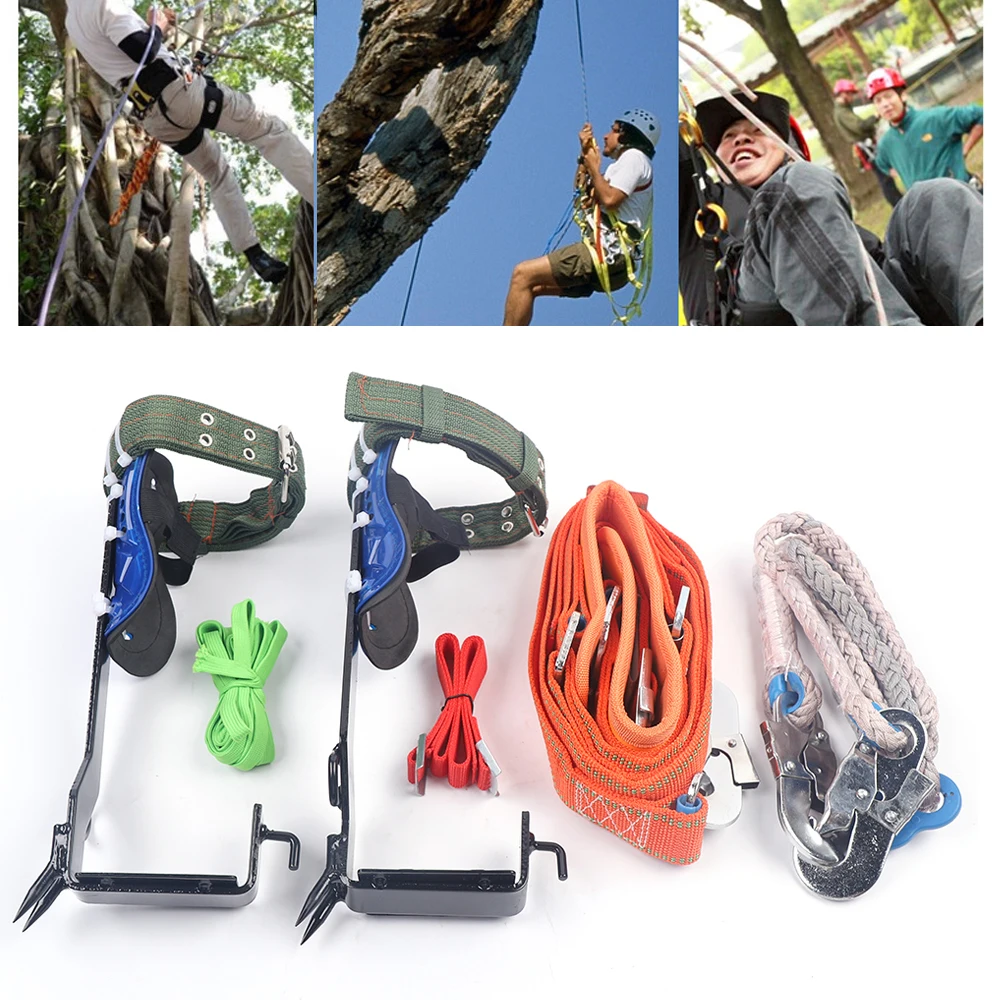 Tree/Pole Climbing Spike Set Safety Belt Rope Lanyard w/Carabiner 2 Gears with Claw