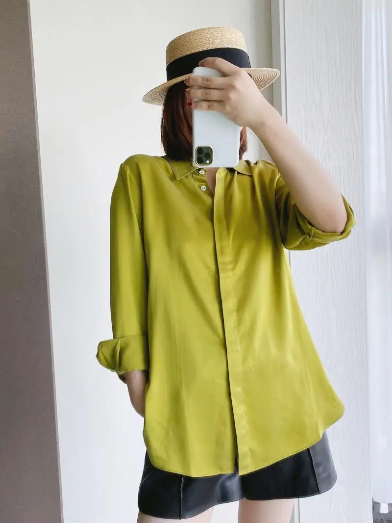 

TH Early Spring Special Slimming Satin Shine Double Wash Heavy Silk Long Sleeve Shirt Lush Pure Color Commute Style Straight Cut