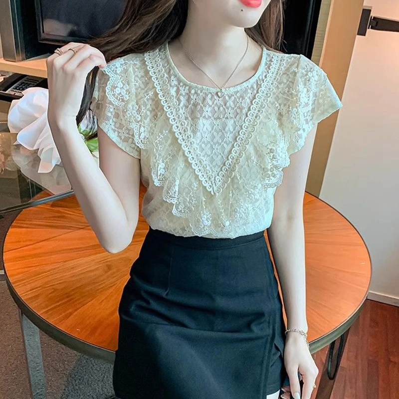 Vintage Hollow Out Lace Blouses Women Summer Short Sleeve Soild Y2k Clothes Slim French Ladies Casual White Tops Sweet Shirts view 5