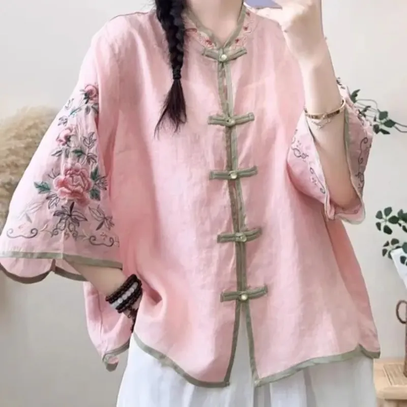 Summer New Retro Tops Contrasting Color Cotton and Linen Embroidered Ethnic Wind Blouse Flared Sleeve Cardigan shirt for Women view 3