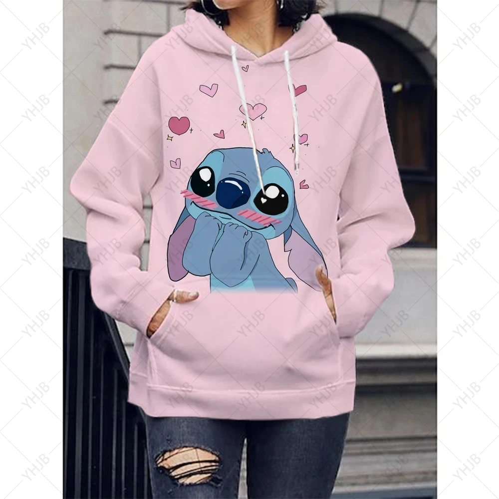 Disney Stitch bluza z kapturem z nadrukiem para crianças, camisola de rua feminina, capuz casual solto, cosplay, novo