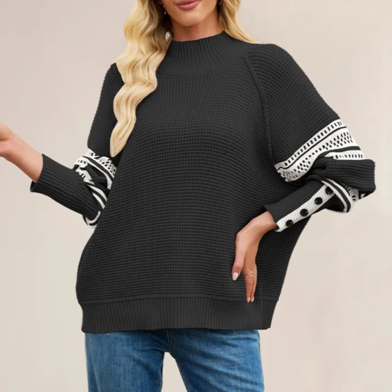 سترة نسائية محبوكة عصرية ودافئة لشتاء 2025 بتصميم كتلة الألوان، نصف رقبة عالية ونمط بلوفر،