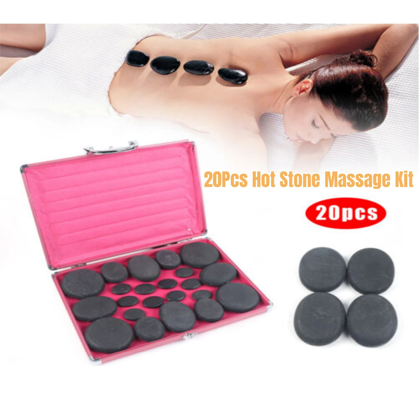 

20Pcs Portable Smooth and Natural Basalt Hot Rock Set Massage Stone Warmer with Heater Box for Spa Body Relaxing Massage Therapy