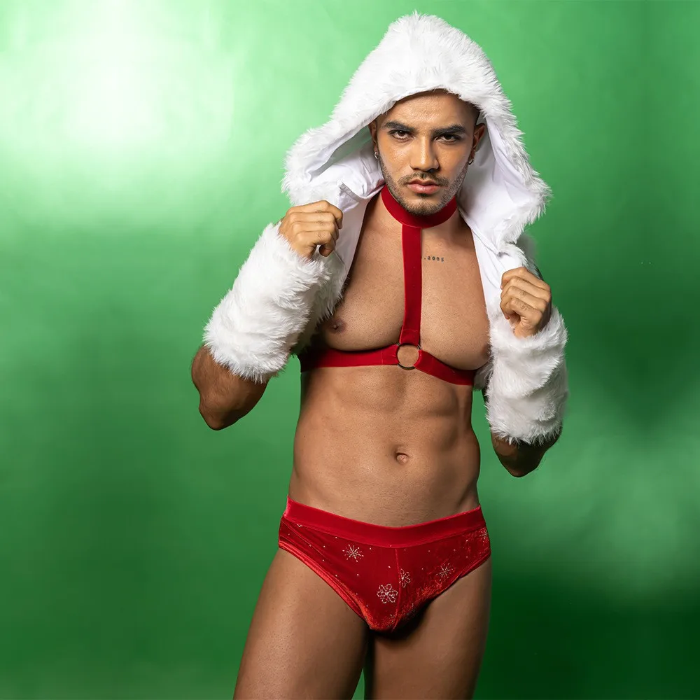 Kerst Sexy Mannen Ondergoed Rode Lingerie set Wit Bont Hoodie Top Elastische Band Nachtclub Pole Dance Stage Performance Nieuwjaar