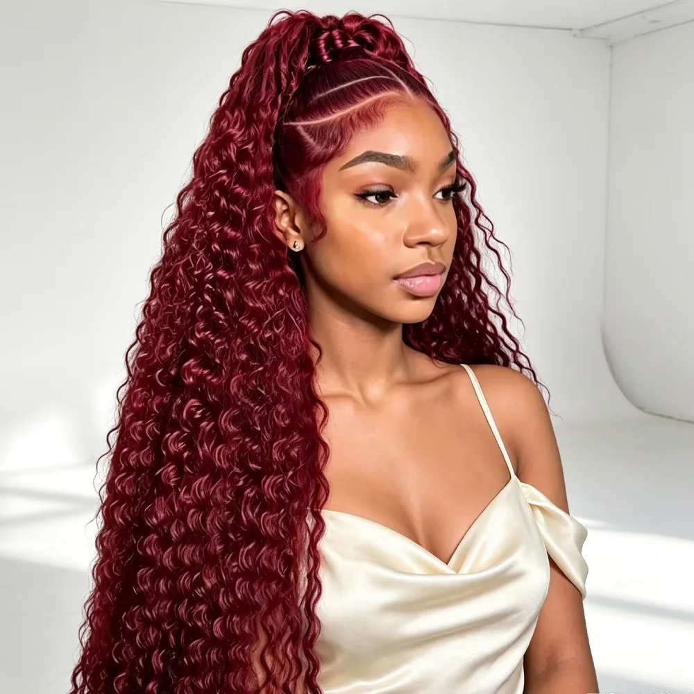 99J Burgundy Deep Wave Lace Frontal Wig 200 Density Remy Hair 13x6 HD Transparent Lace Pre Plucked Baby Hair Long Curly Wigs For Women 44 46 Inch
